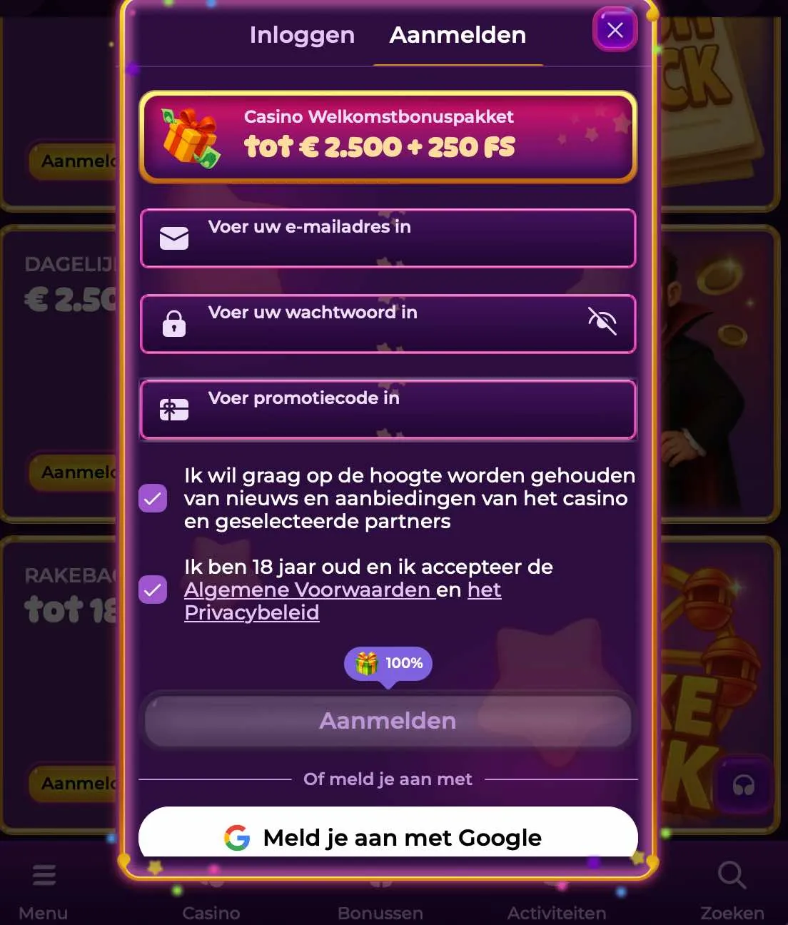 Registreren bij Spinania Casino